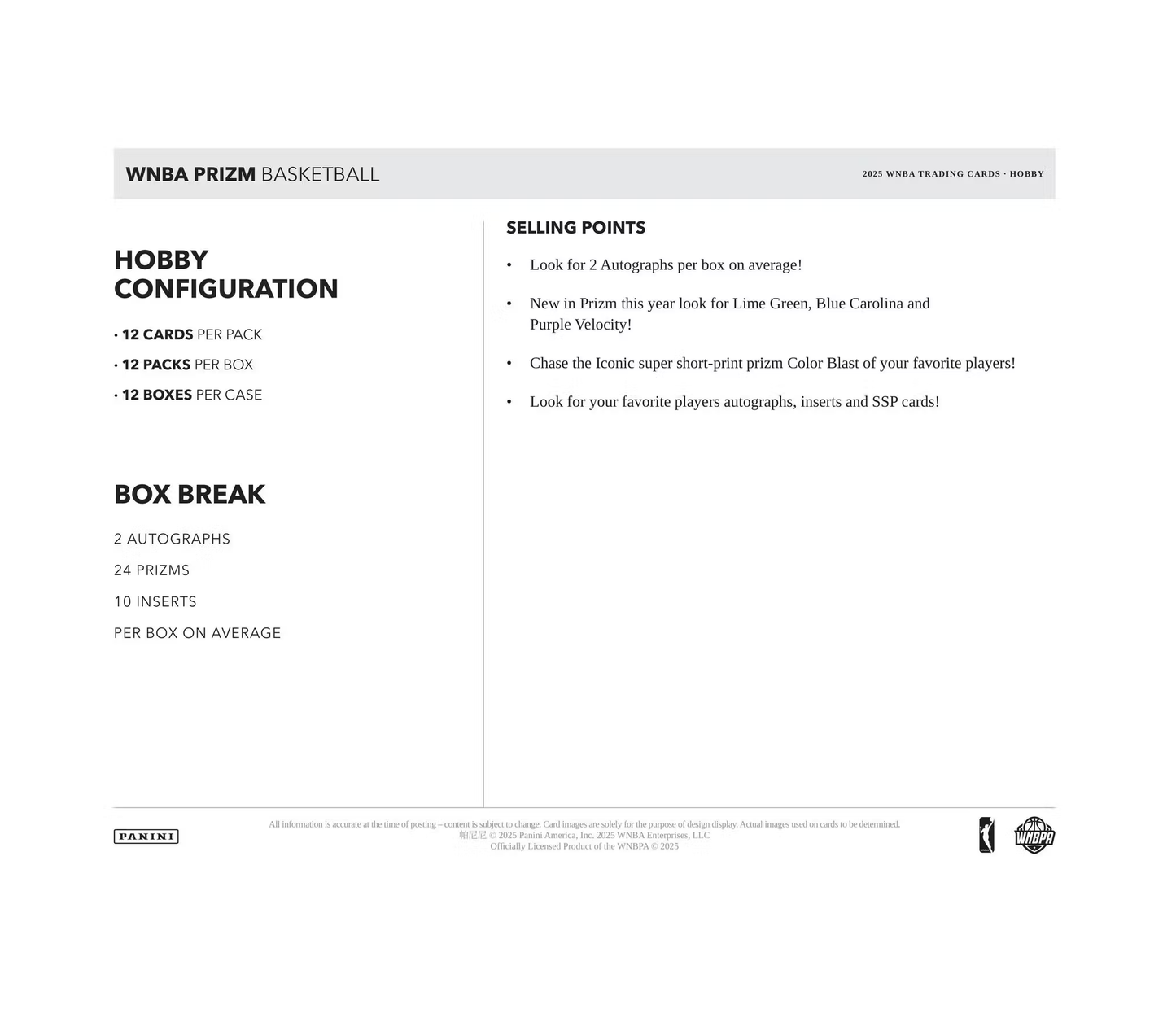 2025 Panini Prizm WNBA Basketball Hobby Box